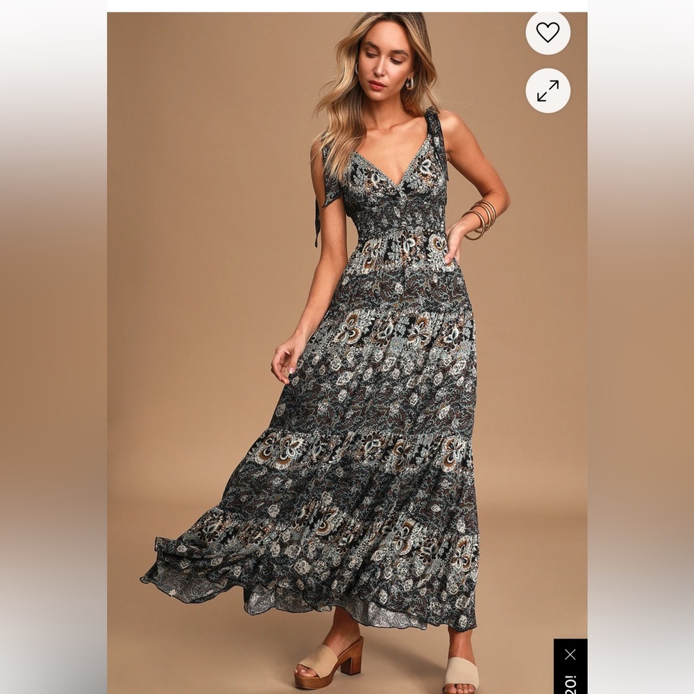 Free people Let's Smock About It Black Floral Print Tiered Maxi Slip Dress